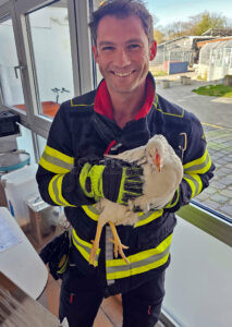 MÜNCHEN – Ein Huhn bleibt am Montag (07.04.2025)in engem Spalt stecken 🐔 Polizei und Feuerwehr retten das Tier – jetzt lebt es im Tierheim.