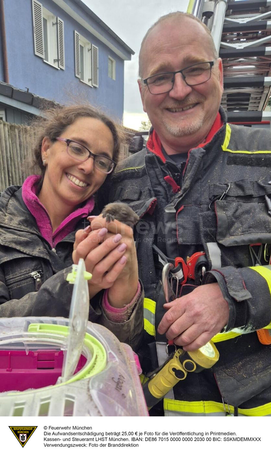 MÜNCHEN - 🐿️ Eichhörnchen-Rettung am Montag (26.05.2025) um 17:07 Uhr! Feuerwehr klettert mit Drehleiter zu Kobel in Waldtrudering - Baby "Fabi" gerettet! 🚒