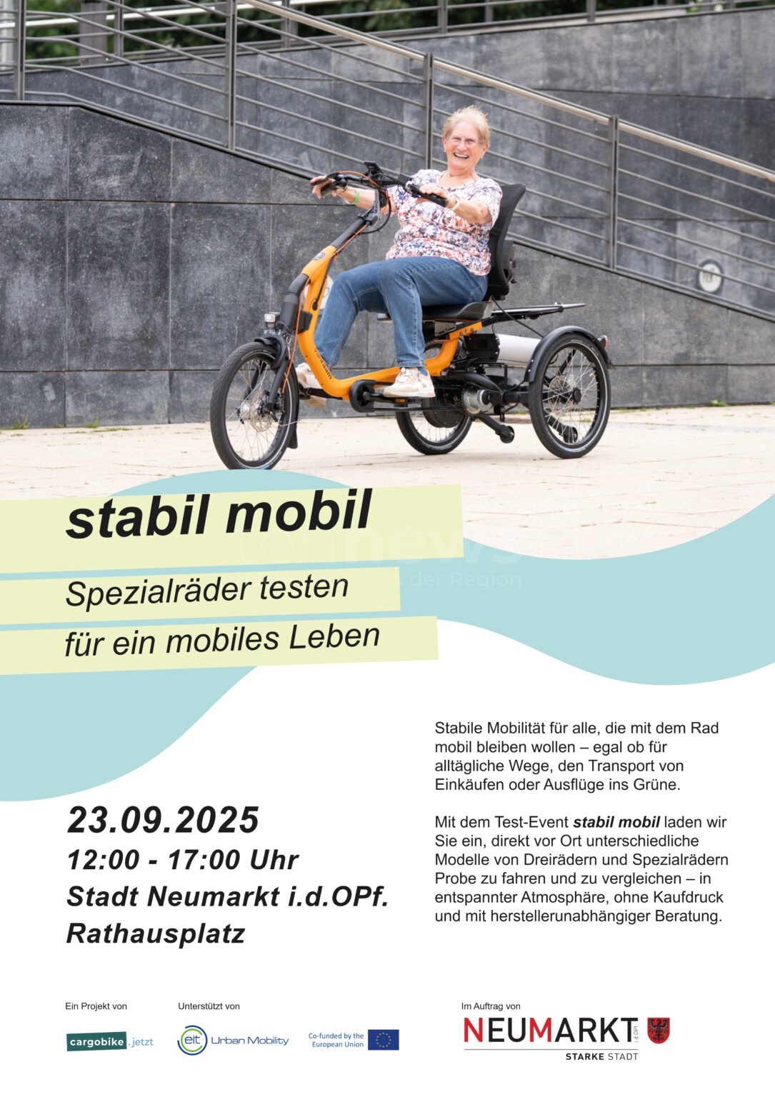 NEUMARKT IN DER OBERPFALZ - 🚲 Spezialrad-Testtag „stabil mobil“ am Dienstag (23.09.2025) auf dem Rathausplatz: E-Spezialräder testen, Beratung und Probefahrten für alle! 🛴